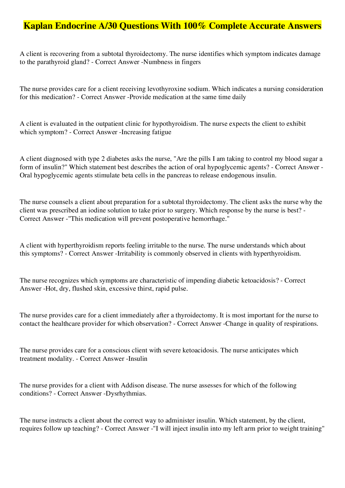 Preview image for Kaplan Endocrine A/30 Questions With 100% Complete Accurate Answers